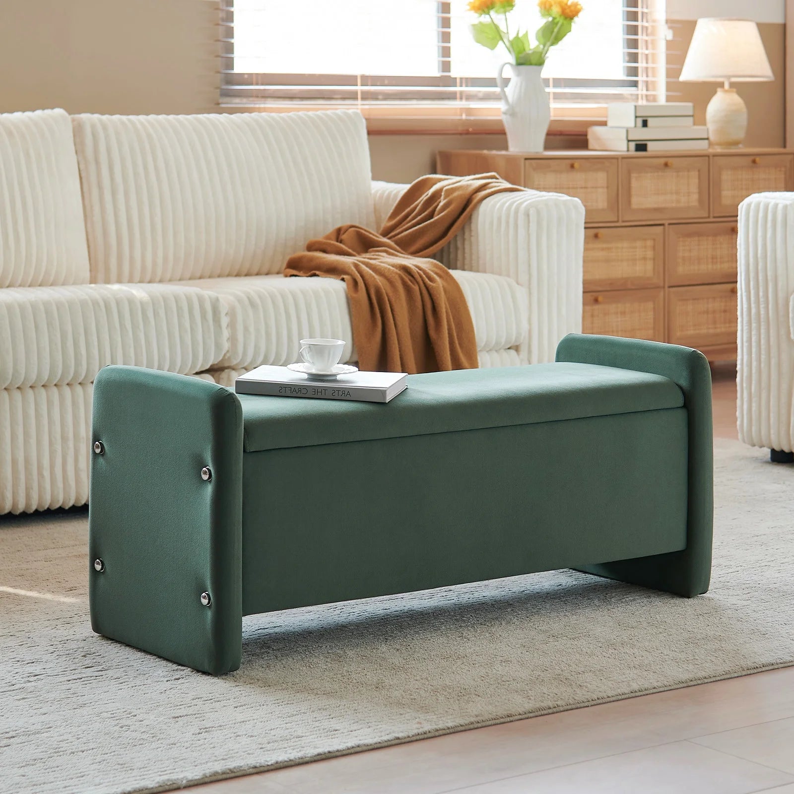Pinmoco 44" Storage Ottoman Bench, Upholstered Entryway Bench with Storage End of Bed Bench for Bedroom& Living Room, Corduroy Gray