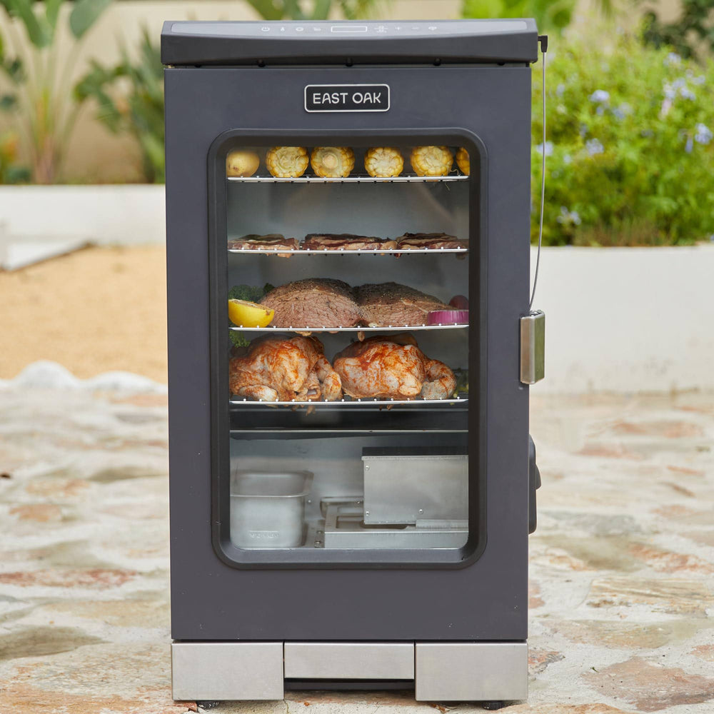 East Oak Electric Smoker 30'' with Visualization Window and Wheels, Black, Medium (pes23001)