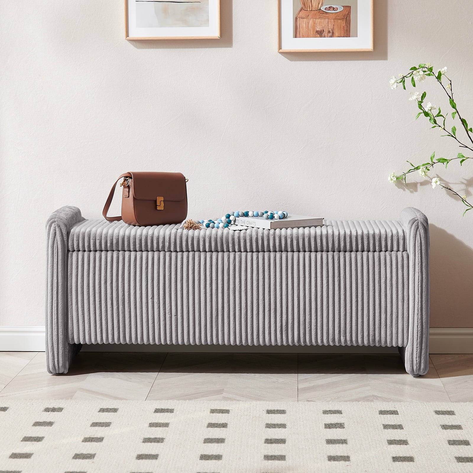 Pinmoco 44" Storage Ottoman Bench, Upholstered Entryway Bench with Storage End of Bed Bench for Bedroom& Living Room, Corduroy Gray
