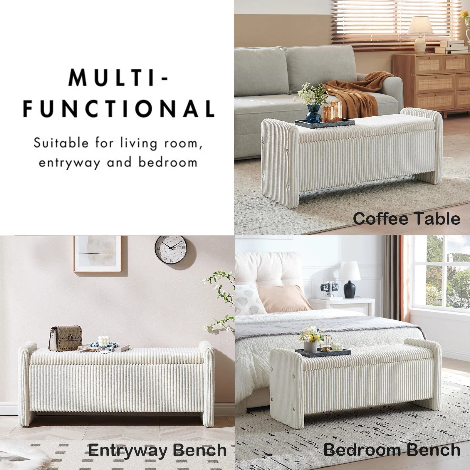 Pinmoco 44" Storage Ottoman Bench, Upholstered Entryway Bench with Storage End of Bed Bench for Bedroom& Living Room, Corduroy Gray