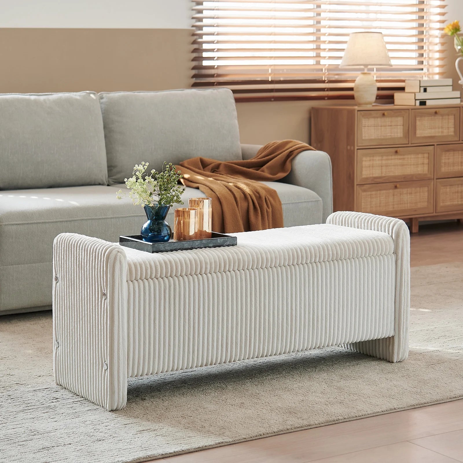 Pinmoco 44" Storage Ottoman Bench, Upholstered Entryway Bench with Storage End of Bed Bench for Bedroom& Living Room, Corduroy Gray