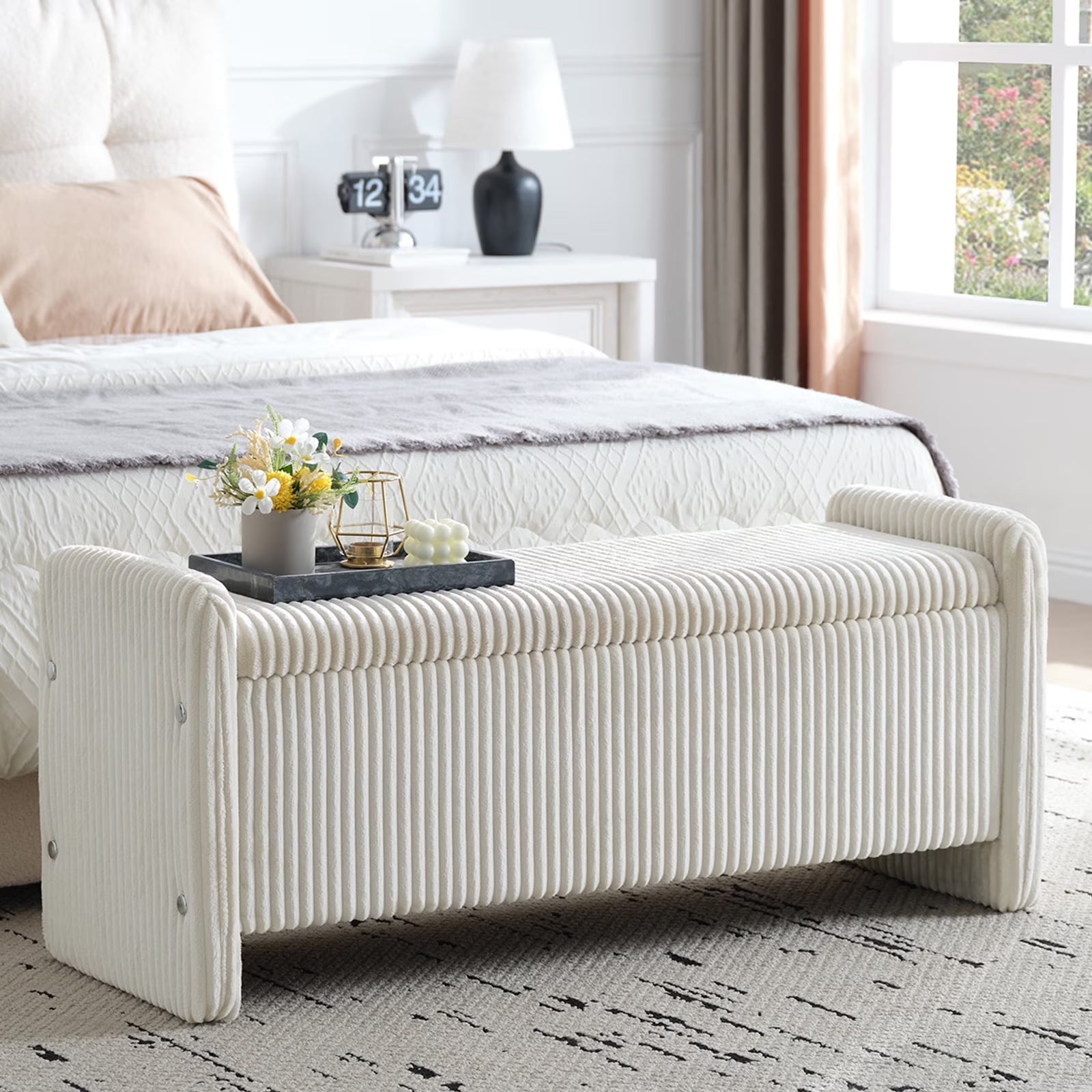 Pinmoco 44" Storage Ottoman Bench, Upholstered Entryway Bench with Storage End of Bed Bench for Bedroom& Living Room, Corduroy Gray