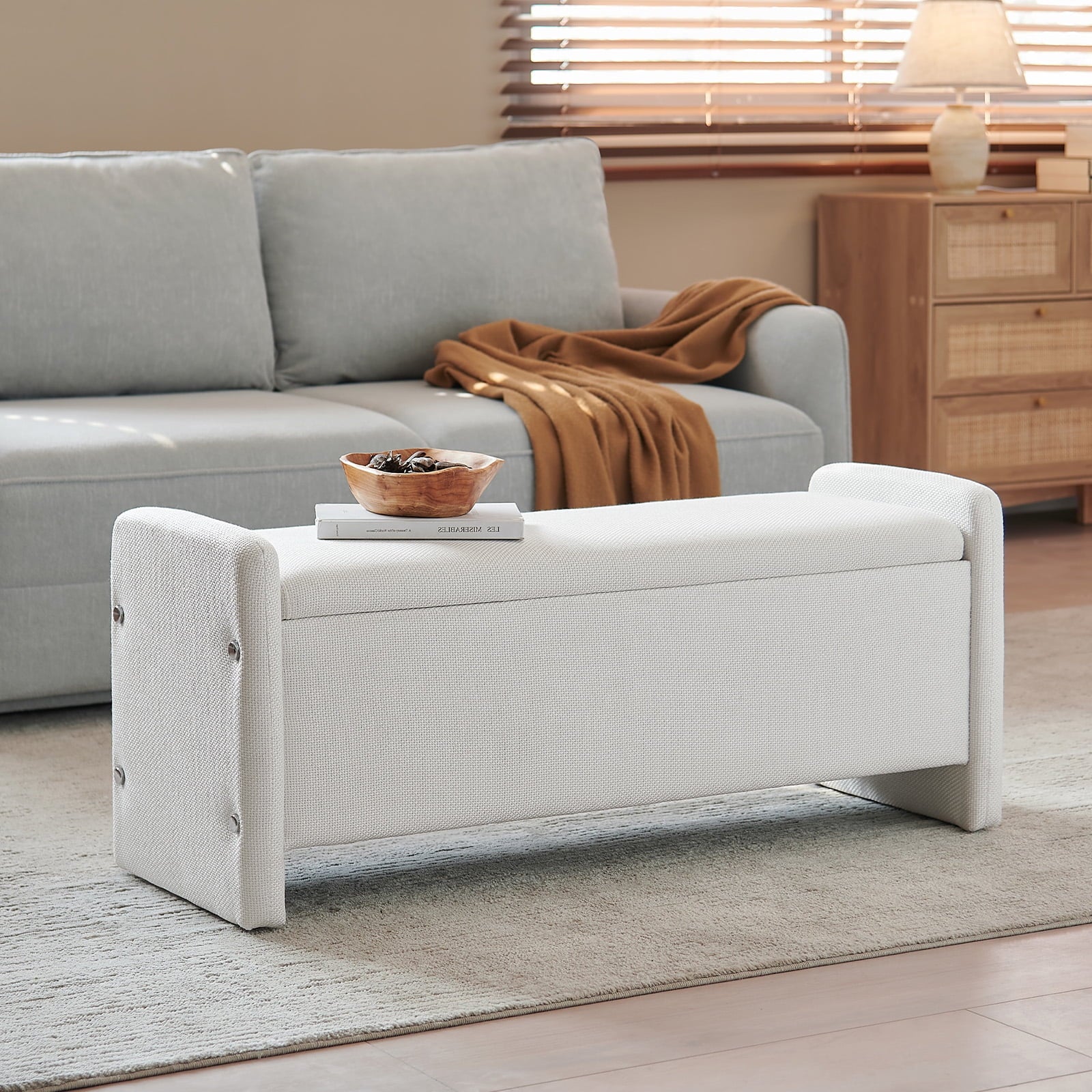 Pinmoco 44" Storage Ottoman Bench, Upholstered Entryway Bench with Storage End of Bed Bench for Bedroom& Living Room, Corduroy Gray