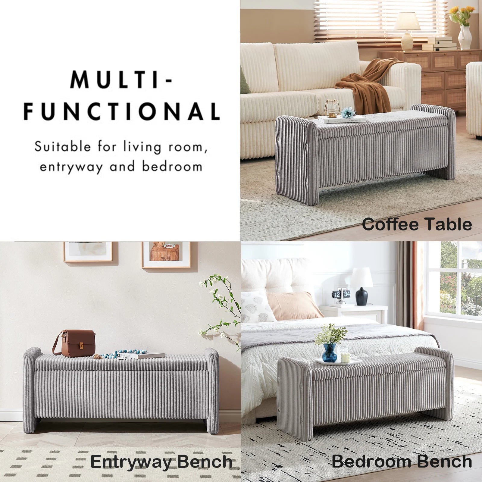Pinmoco 44" Storage Ottoman Bench, Upholstered Entryway Bench with Storage End of Bed Bench for Bedroom& Living Room, Corduroy Gray