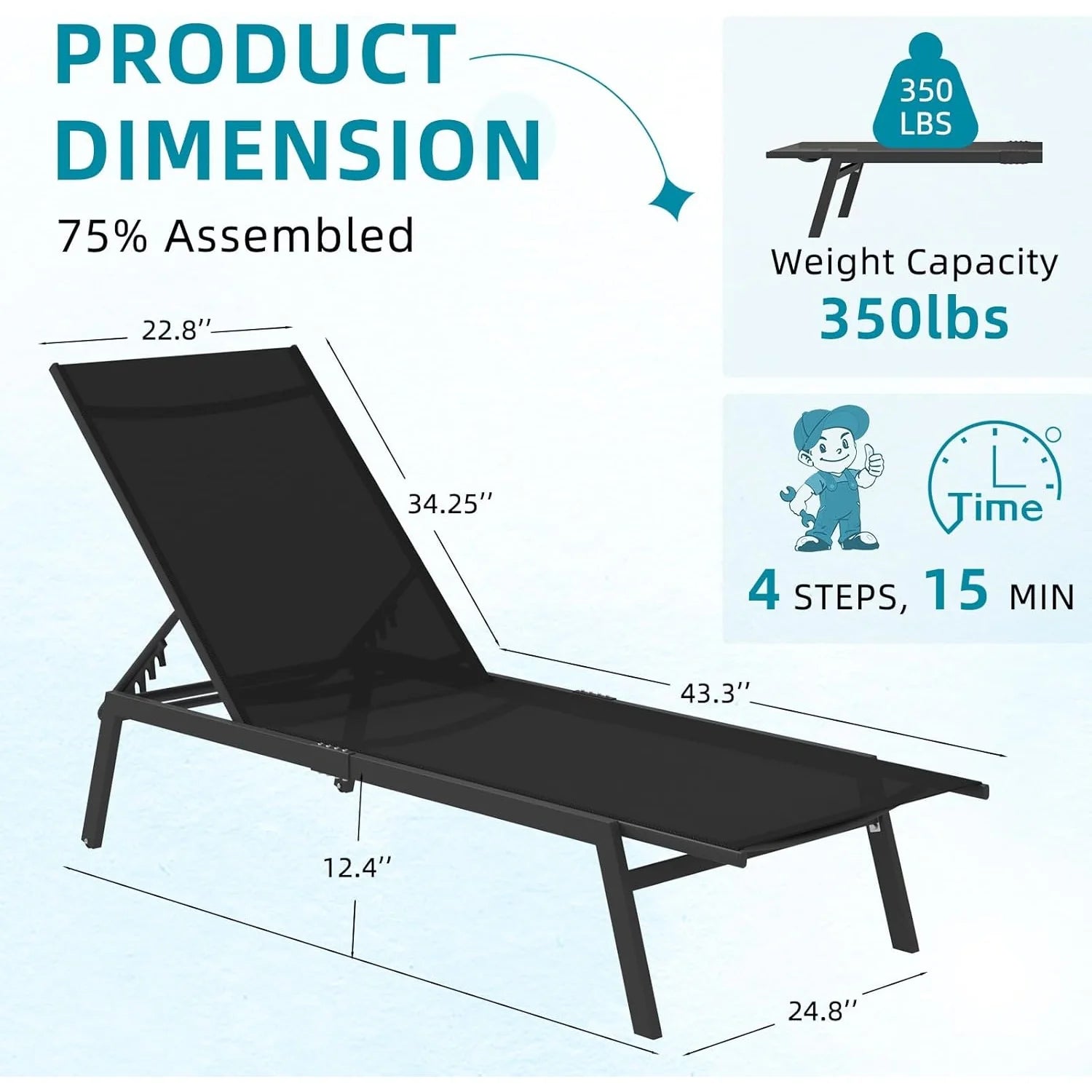 AECOJOY Patio Lounge Chairs, Outdoor Chaise Lounge with Wheels, Black