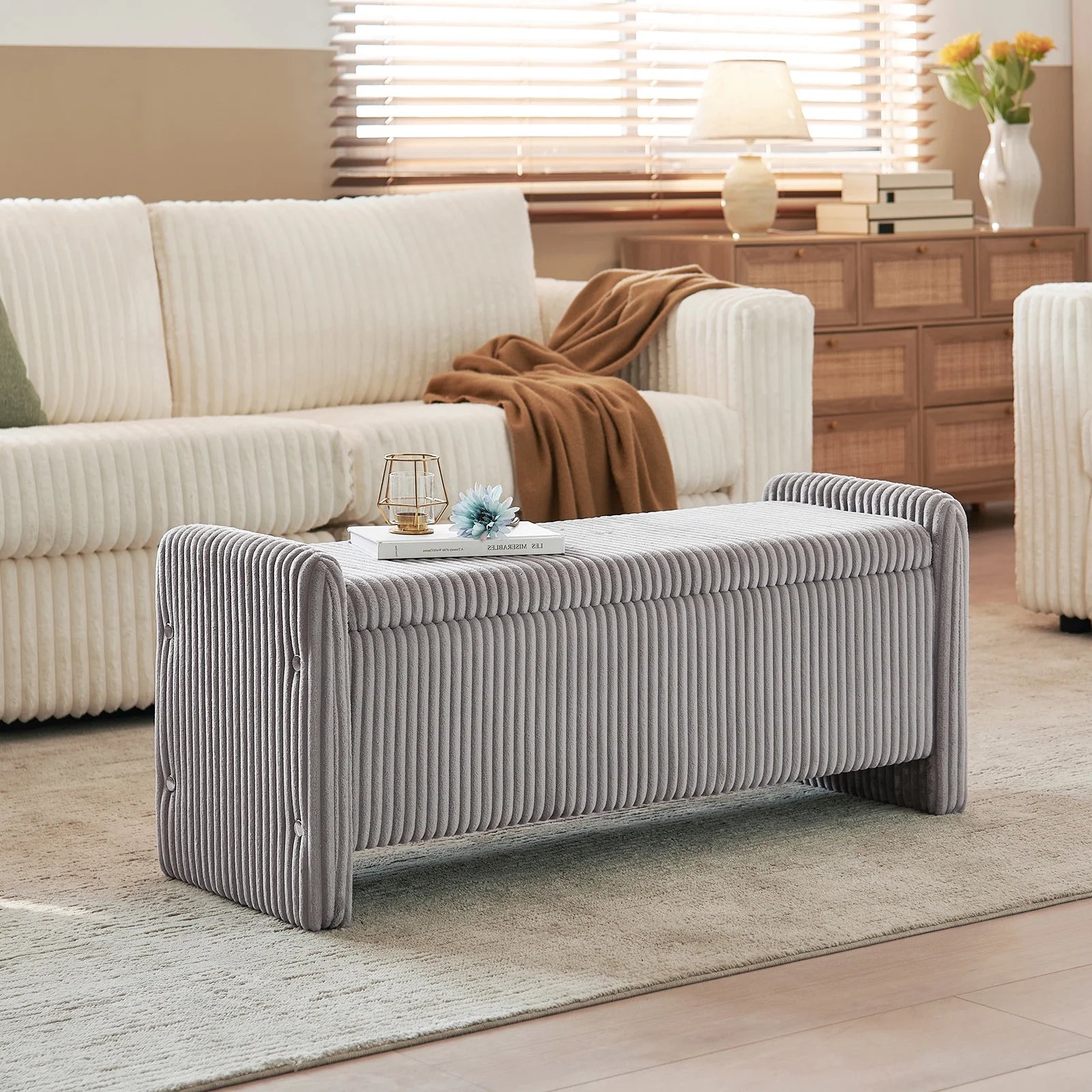 Pinmoco 44" Storage Ottoman Bench, Upholstered Entryway Bench with Storage End of Bed Bench for Bedroom& Living Room, Corduroy Gray